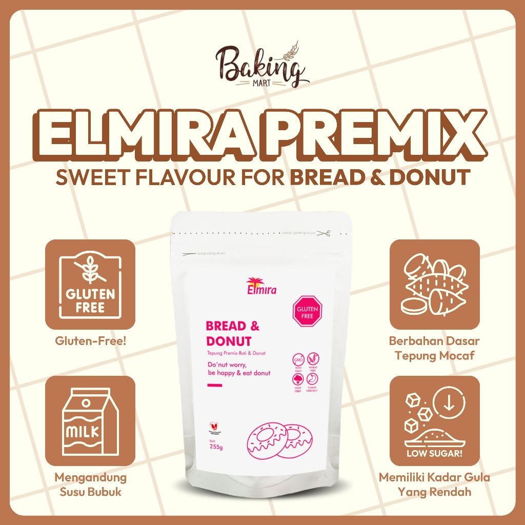 

Donut and Bread Premix 255gram Elmira / Tepung Premix Roti dan Donat Gluten Free / Gluten Free Bread / Gluten Free Donat / Roti Sehat / Bebas Gluten
