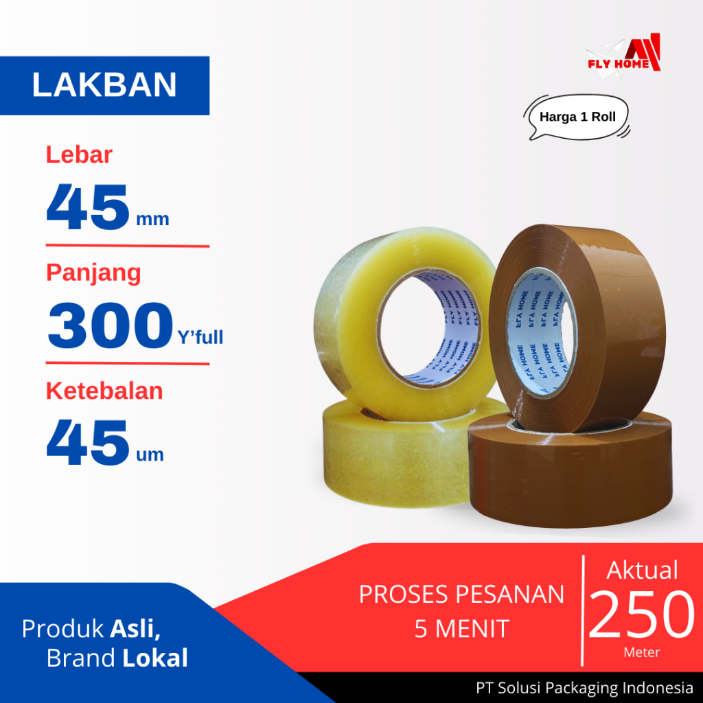 

FLYHOME Lakban bening coklat 2inci 300yard 45x300 yard 1roll ukuran FULL