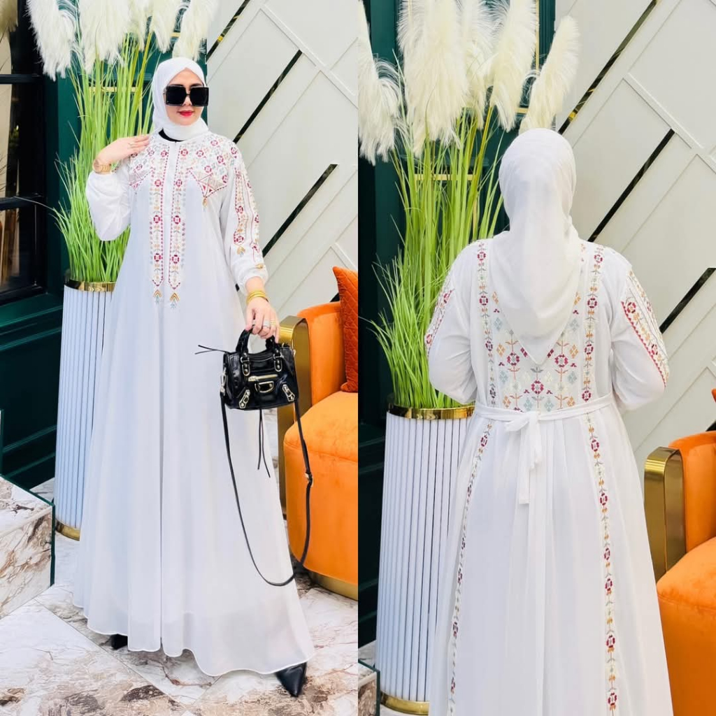 Gamis Ceruty Bordir Mewah Elegan Putih
