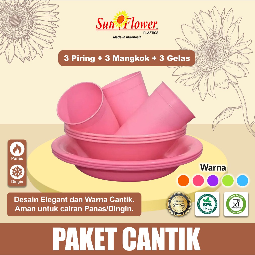 ( 3 SET )  1 Set Paket Cantik Plastik Kitchenware/1 Paket piring mangkok gelas Cantik / 1 set perlen