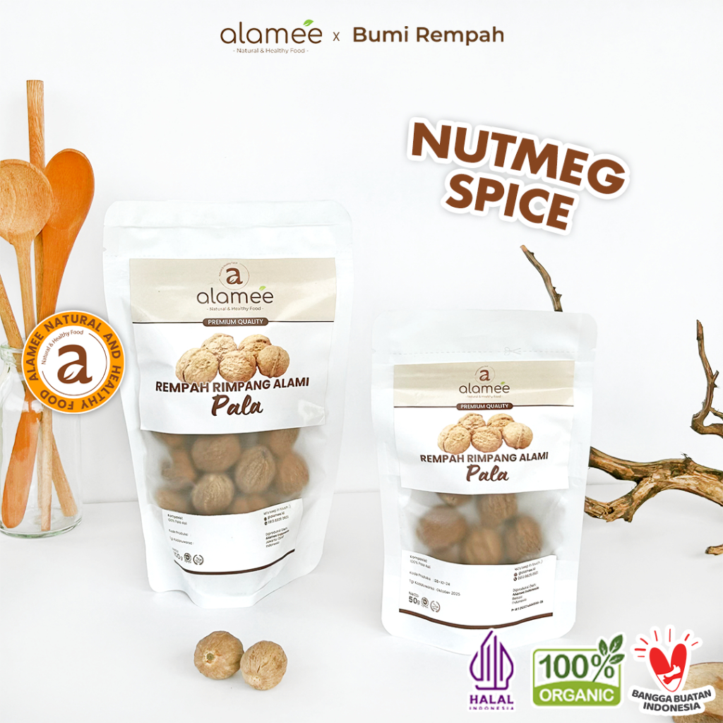 

ALAMEE Biji Pala Utuh Rempah Kering Nutmeg Whole Rimpang Organik Alami Bumbu Seasoning Masakan 100gr