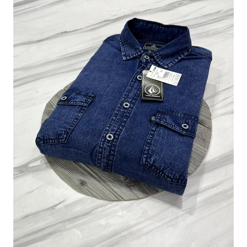 Kemeja Jeans Pria Lengan Pendek Jumbo Biru Hem Denim Casual Terbaru Distro Bandung Edu Store