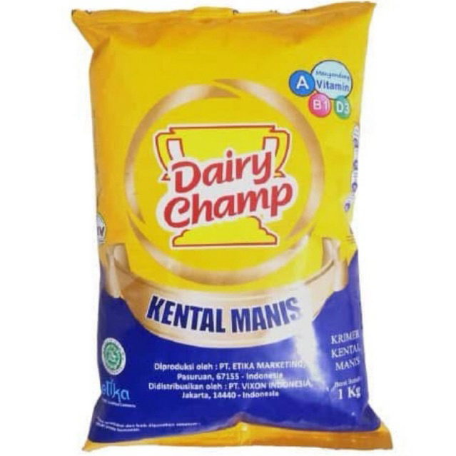 

Dairy Champ Krimer Kental Manis 1kg Kemasan Bantal & Kaleng