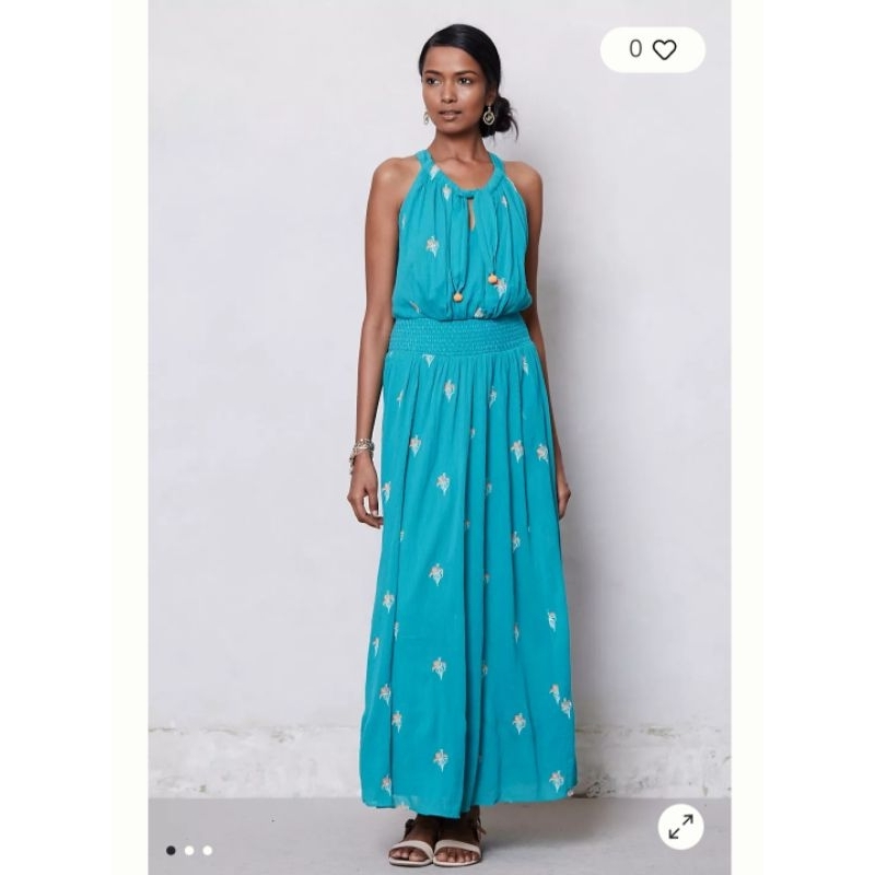 DRESS WANITA MAXI DRESS ANTHROPOLOGIE RARE FLOREAT SKYSCAPE TEAL GAUZE COTTON FLORAL EMBROIDERED BOR