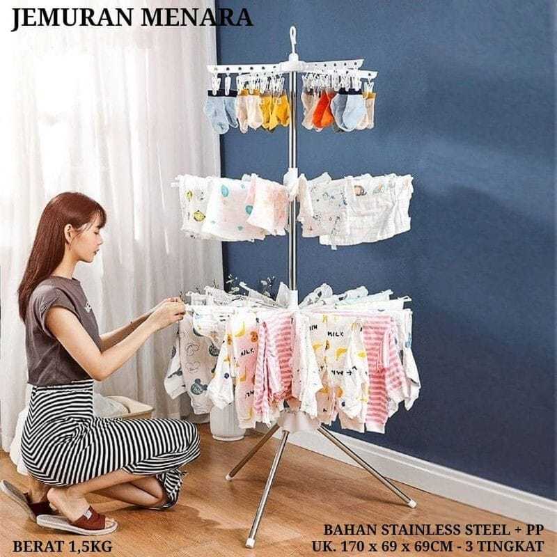 Jemuran Menara Lipat / rak jemuran baju bayi 3 susun
