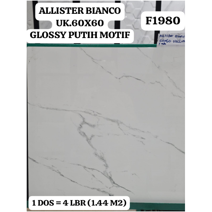 ALLISTER BIANCO PUTIH GLOSSY MOTIF CARARA UK.60X60 GRANIT LANTAI DINDING VELLINO