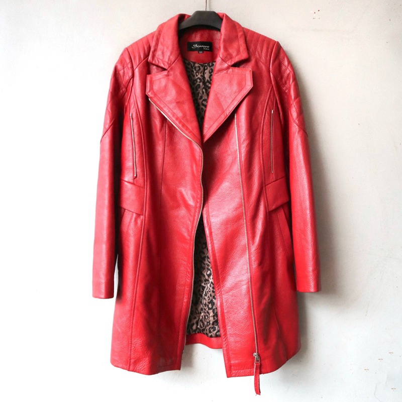 Jaket kulit asli merah long coat mantel blazer ramones cewek  jas mafia genuine leather Pl Bekas Pre