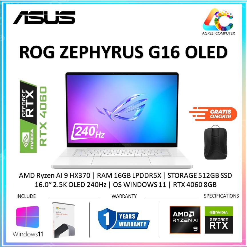 Asus ROG Zephyrus G16 OLED GA605WV Ryzen AI 9 HX370 RTX 4060 RAM 16GB 1TB SSD 16.0" 2.5K 240Hz OLED