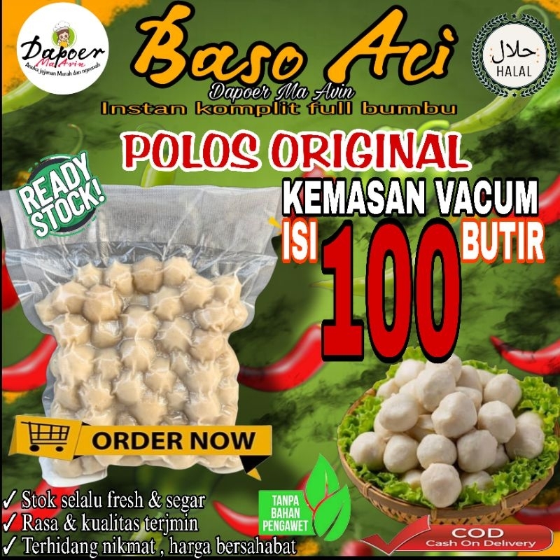 

BASO ACI POLOS ORIGINAIL 100 BUTIR KEMASAN VACUM Baso Aci Instan Khas Bandung Komplit Full Bumbu Pedas / Bakso olahan / Baci Kuah / Boci Homemade - Makanan Cemilan Viral