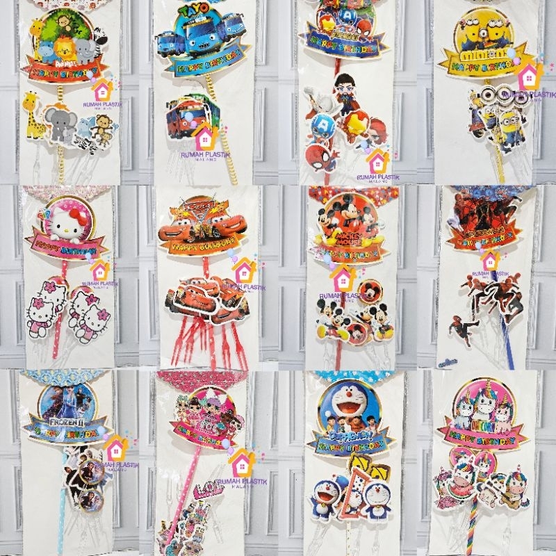 CAKE TOPPER SET tusukan tancapan dekorasi kue tart ulang tahun kertas minion hiasan spiderman hello 