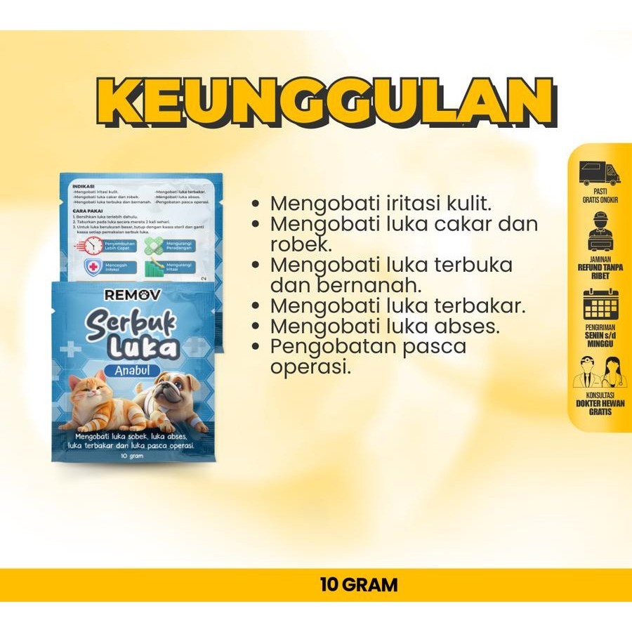 Remov Serbuk | Obat Luka Luar Cakar Bernanah Pasca Operasi Antiseptik Antibiotik Kucing Anjing 10gra