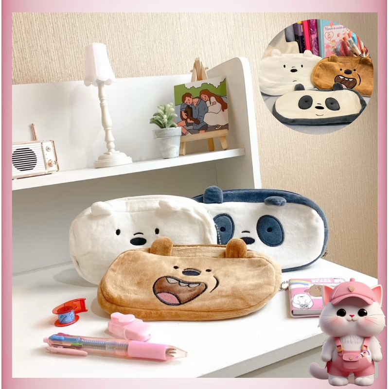 

N229 Kotak Pensil We Bare Bears / Tempat Pensil Bulu Super Lembut Panda Beruang Cokelat Abu / Tempat Pen Pluffy Cute Bear