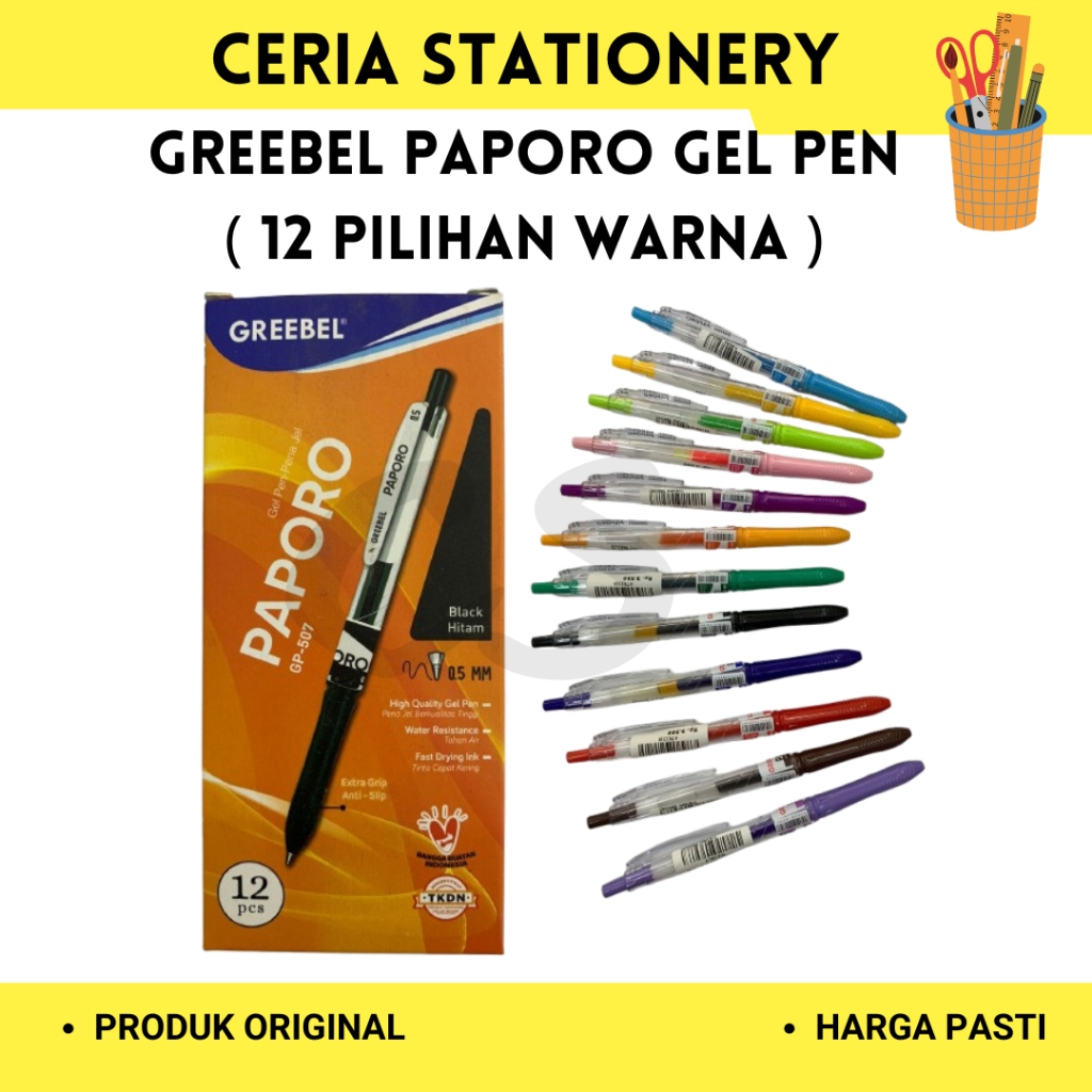 

Pulpen Gel Greebel Paporo ( Satuan ) / Bulpen Gel Cetek Warna Warni / Bolpoin Tekan