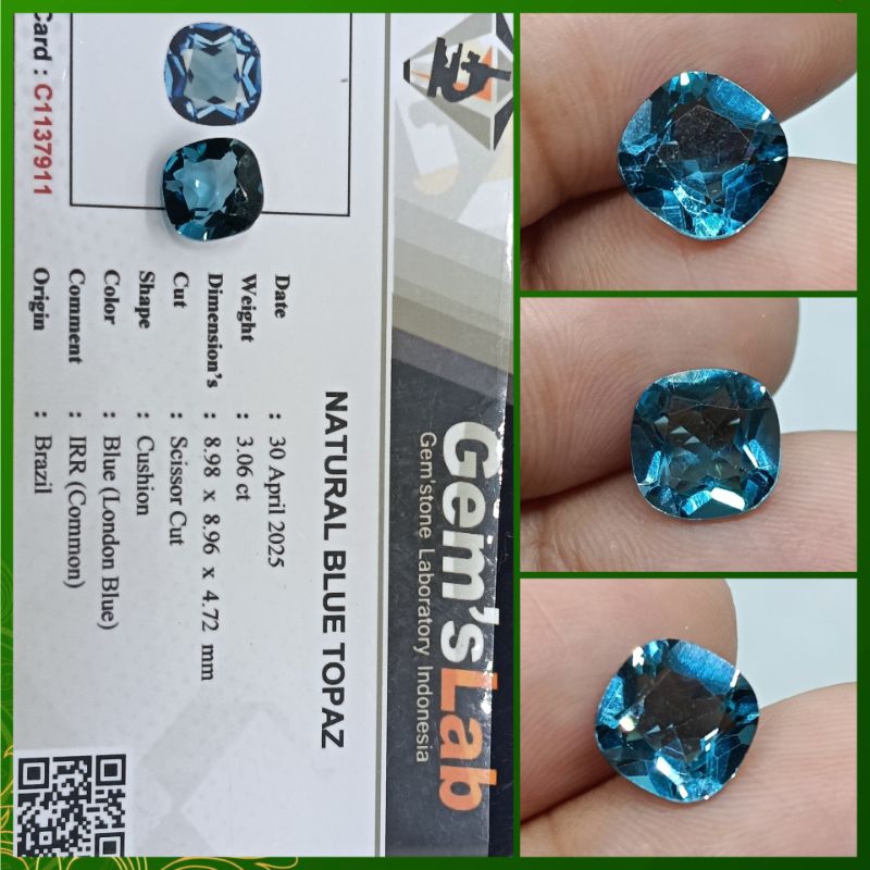 Natural London Blue Topaz 3 ct Cushion cut plus memo GLI Topas Brazil