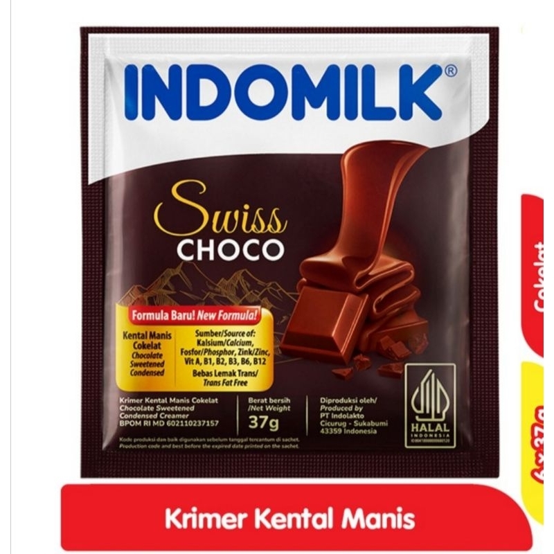 

Indomilk krimer kental manis Swiss choco sachet choklat 1renceng 6 pcs 37g
