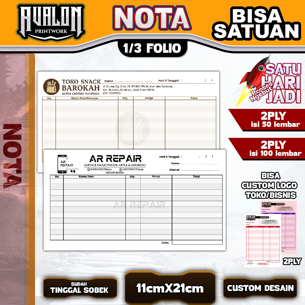 

Nota Custom Bisa Satuan - 1/3 folio - 2PLY - 50/100 lembar