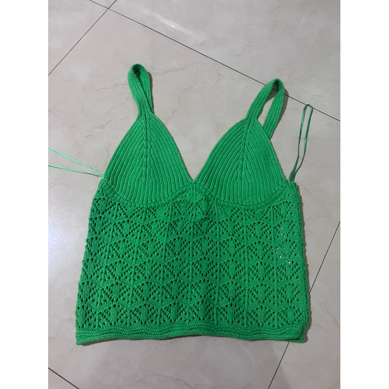 [ORI ZARA] Atasan Rajut Crop Top V-Neck Hijau Neon