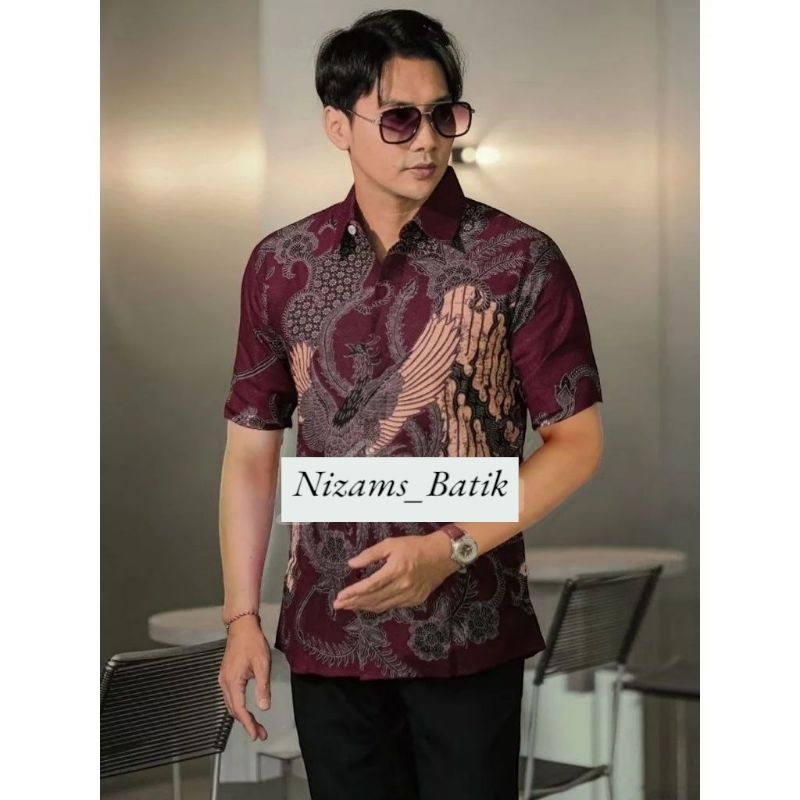 HEM BATIK PRIA LENGAN PENDEK MERPATI UNGU NIZAM'S BATIK  M.L.XL.XXL