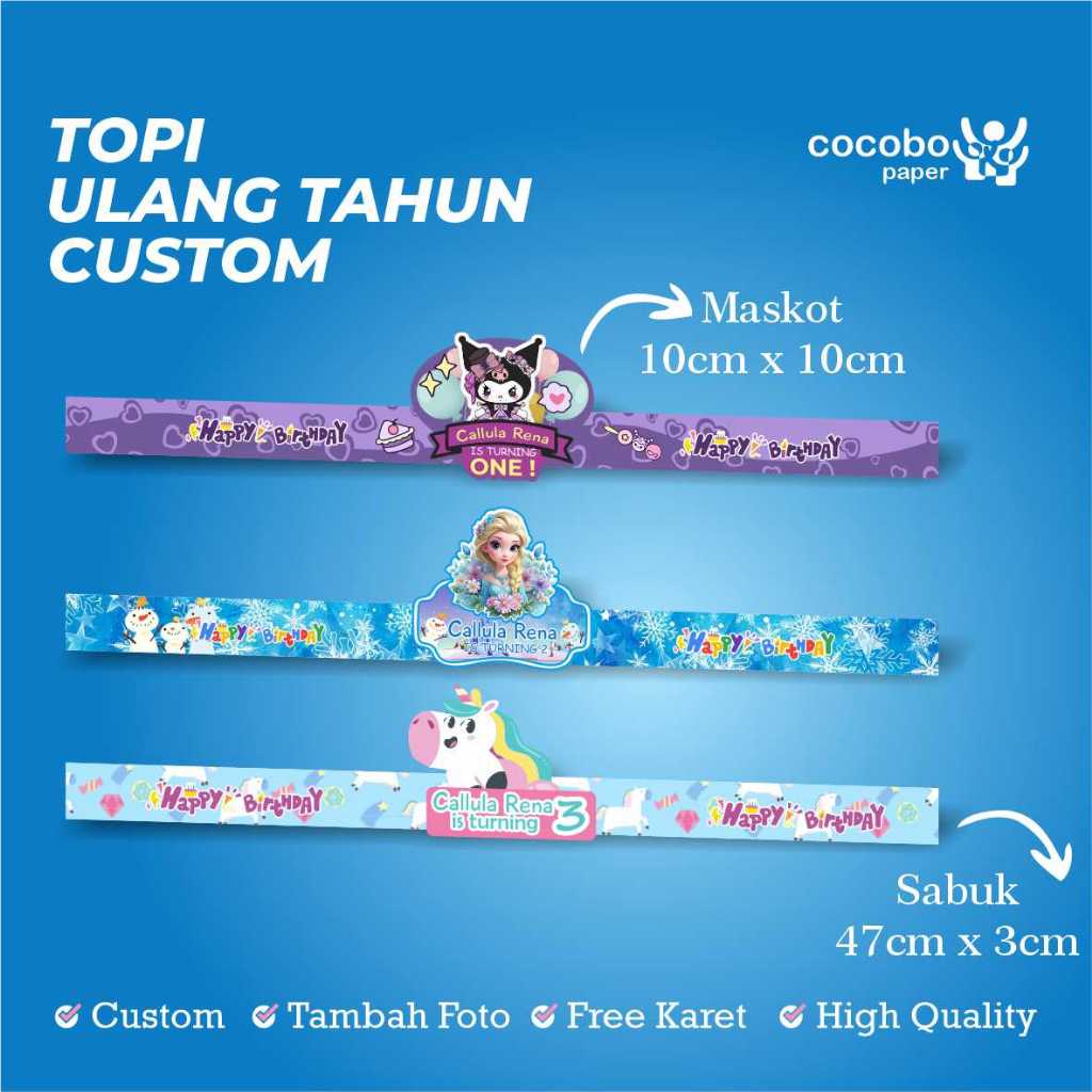 Topi Ulang Tahun Anak Custom / Topi Ultah Custom | Cocobo Paper