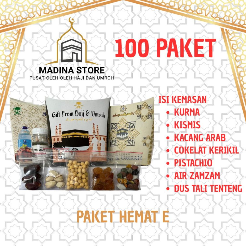 

Paket Hemat 100pcs Oleh-oleh Haji dan Umroh Paket E isi Air Zamzam