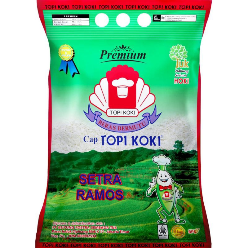 

Beras Premium Cap Topi Koki 5kg/Beras Topi Koki Kemasan 5 kg/Beras Setra Ramos Topi Koki 5kg