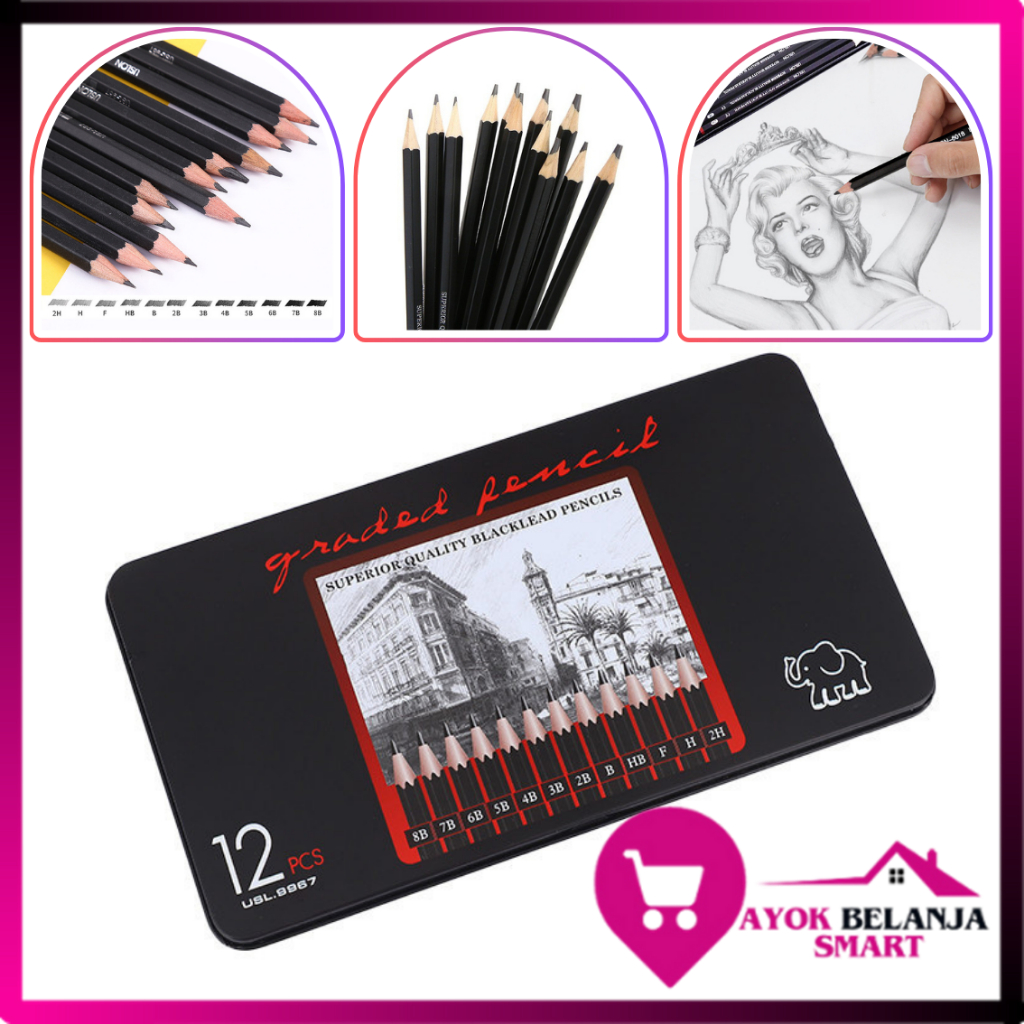 

ABS 12 pcs Pensil Gambar Sketsa Set Lengkap 2H H F B HB 2B 3B 4B 5B 6B 7B 8B Charcoal Pencils Set Perlengkapan Lukis