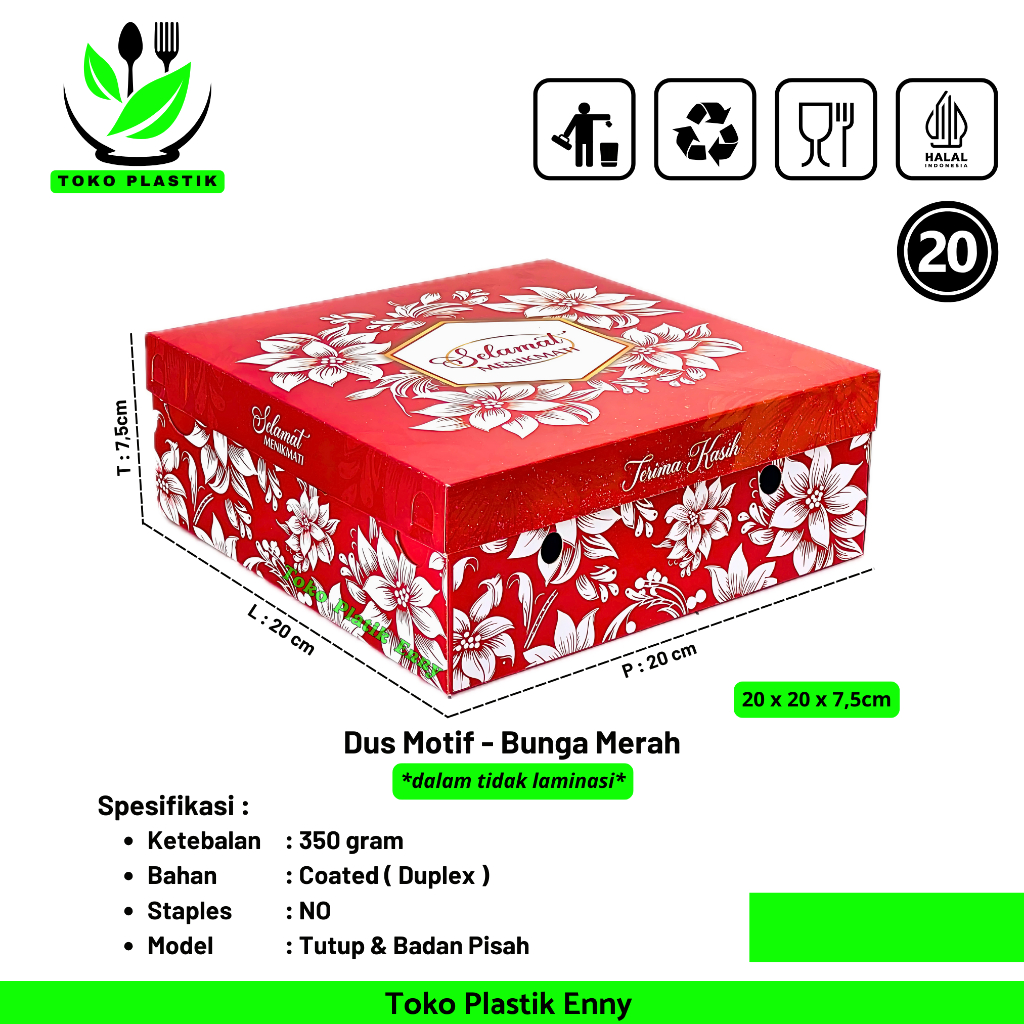 

[MIN 20Pcs] Dus / Kotak Nasi Motif 20x20x7,5cm Full Colour - Motif Bunga Merah