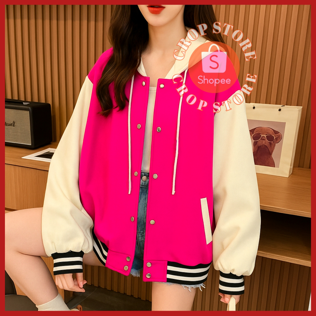 Hoodie Varsity Wanita Pink Fuschia Mix Cream BIGSIZE (S-5XL) Baseball Jacket Jumbo Kekinian Premium