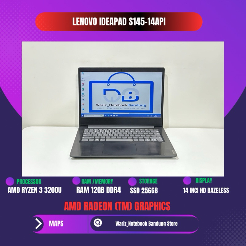 LENOVO IDEAPAD S145-14API AMD RYZEN 3 3200U RAM 12GB DDR4 SSD 256GB 14inci