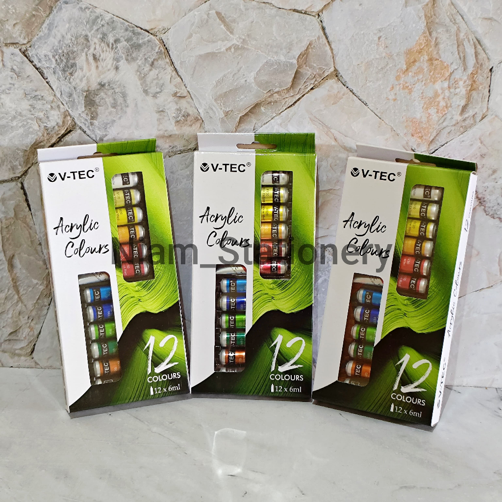 

SATU SET ( 12 WARNA x 6 ML ) Cat Acrilyc Cat Akrilik Cat Acrylic Merk V-Tec 6 ML 12 Warna