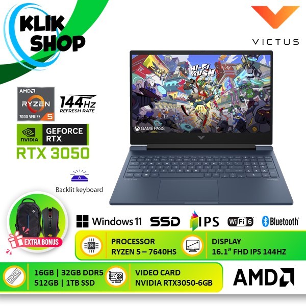 Laptop Gaming HP Victus 16 Ryzen 5 7640HS 32GB 2TB SSD RTX3050-6GB 16.1 144Hz Windows 11