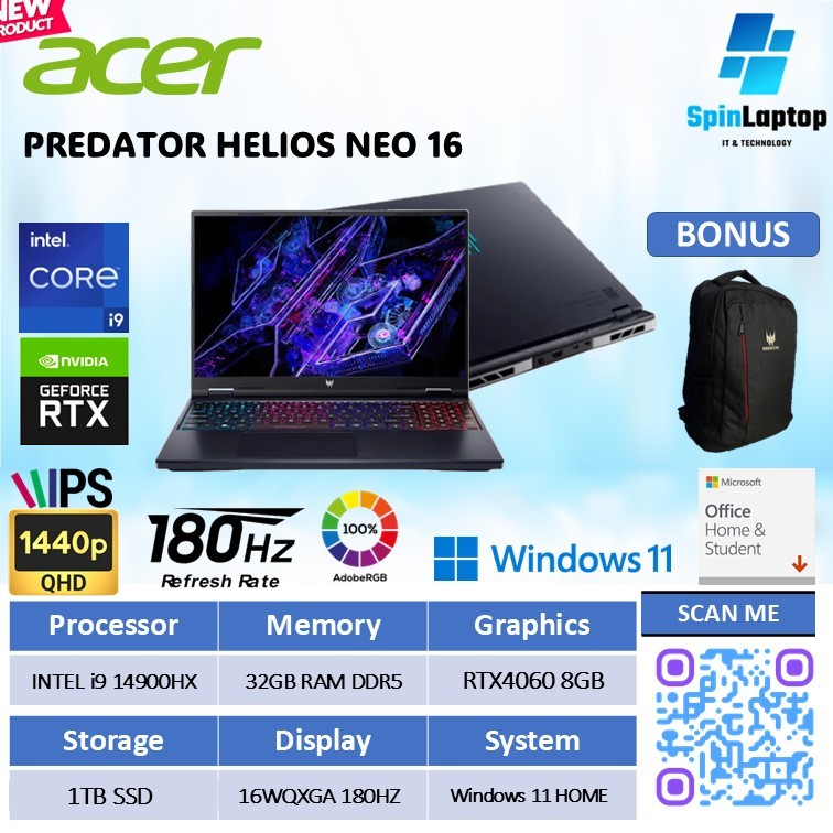 ACER PREDATOR HELIOS NEO 16 | Intel Core i9-14900HX RTX 4060 8GB RAM 16GB SSD 1TB Layar 16” 180Hz