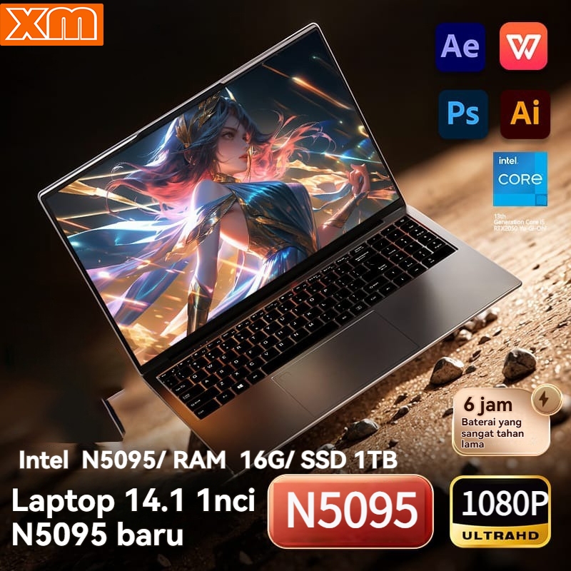 Laptop Ultrabook terbaru 2024 untuk kantor, layar HD 15.6 inci, prosesor Intel Quad-Core Generasi ke
