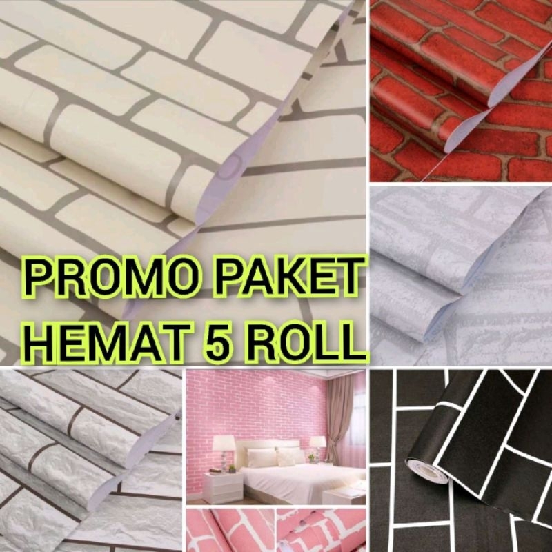 HARGA PAKET HEMAT 5 ROLL Wallpaper Dinding Sticker Dinding Batu Bata PINK BIRU PUTIH MERAH COKLAT HI