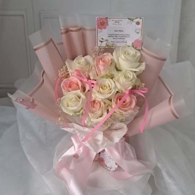 READY BUKET bunga mawar asli pink putih manis kado ultah ulang tahun wisuda anniversary romantis bua