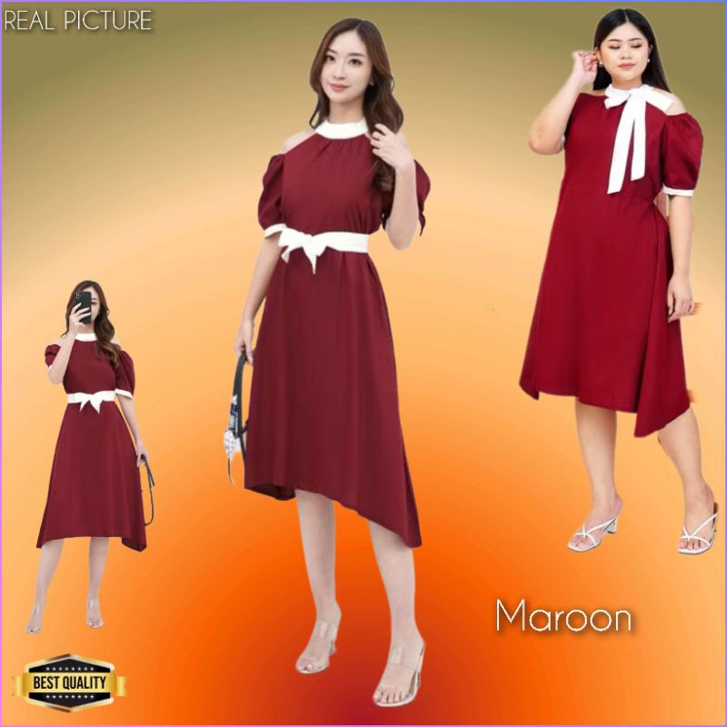 Gaun Midi Dress Pesta Wanita Jieza LD 100 Jumbo LD 130 Bigsize Maroon