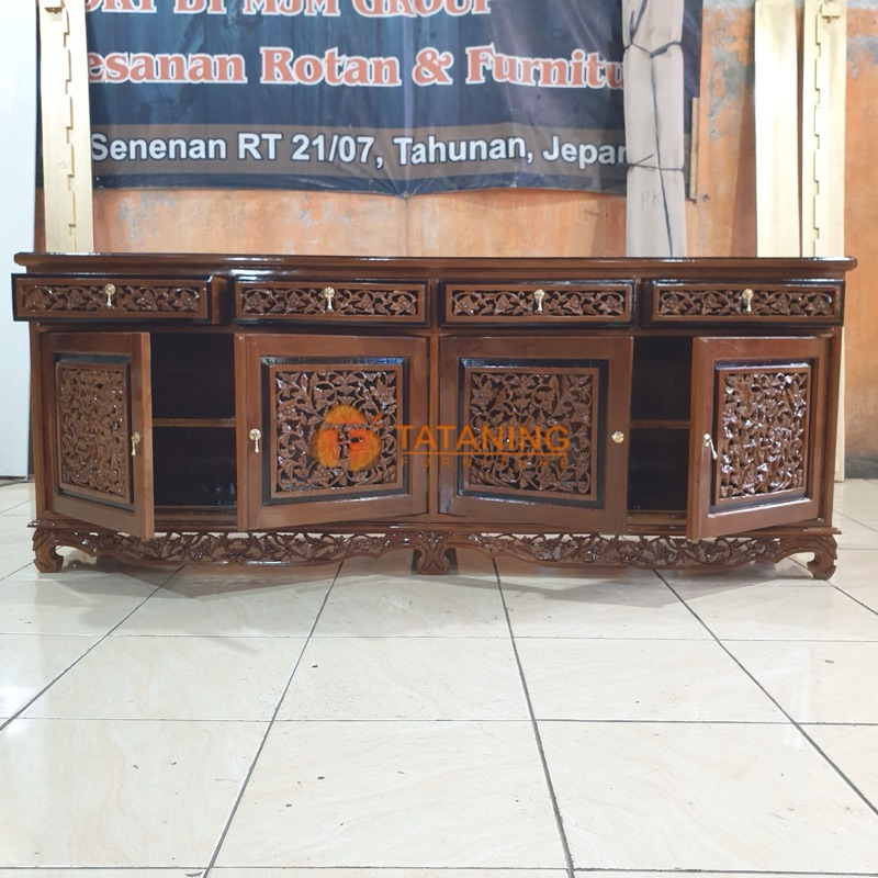 TV CABINE UKIR KRAWANG KAYU JATI FINISHING NATURAL MEWAH BUFFET CABINET MEJA LEMARI MINIMALIS MURAH 