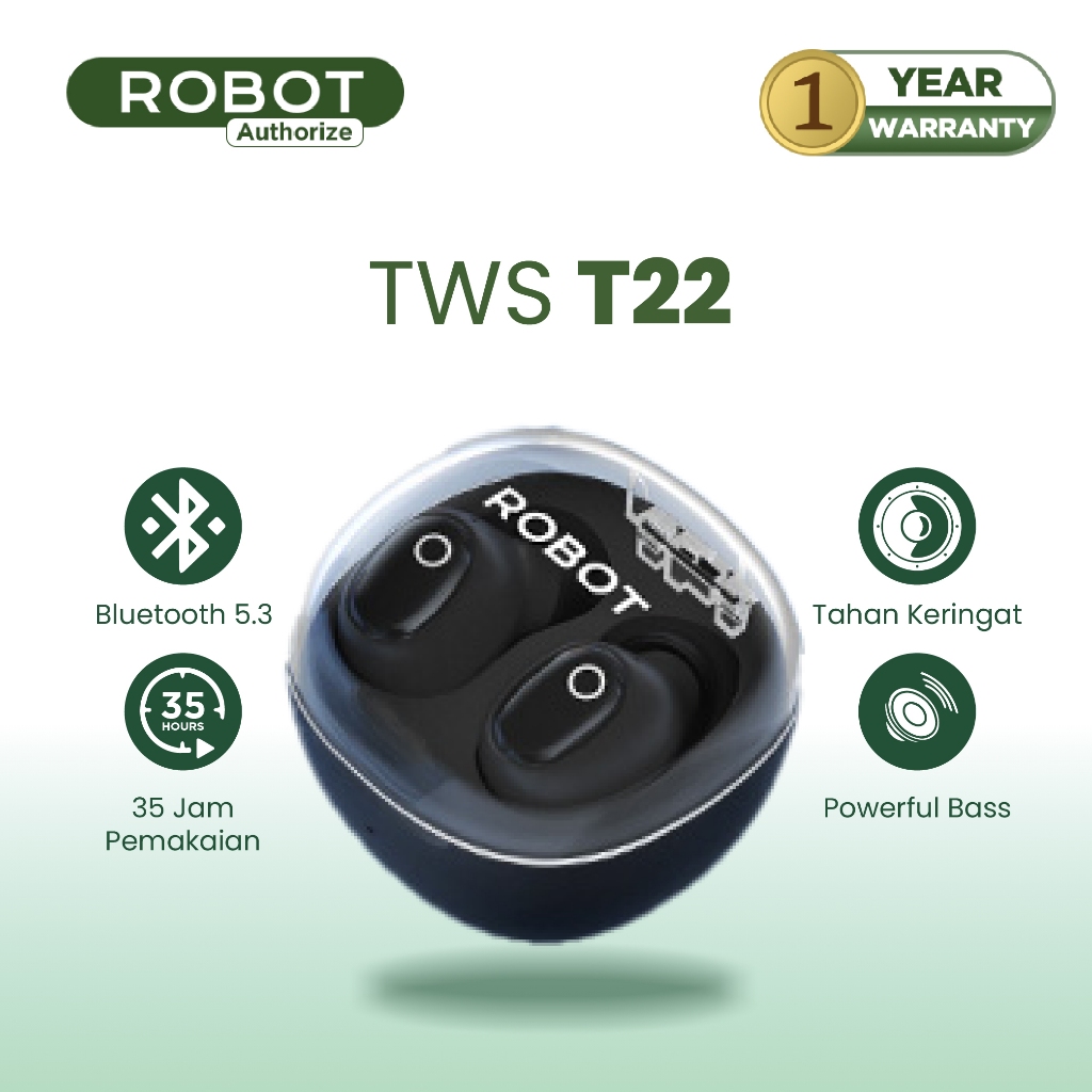 ROBOT T22 TWS Bluetooth 5.3 Earbuds Casing Transparan Tahan Air Pemakaian 36 Jam - Garansi 1 Tahun