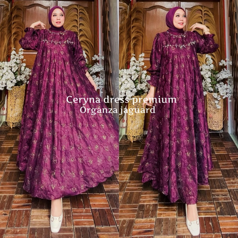 Ceryna Dress Kondangan Organza Jaguard by Ohc Gamis Muslim Wanita Mewah Pesta Lebaran Maxi Dewasa Mi