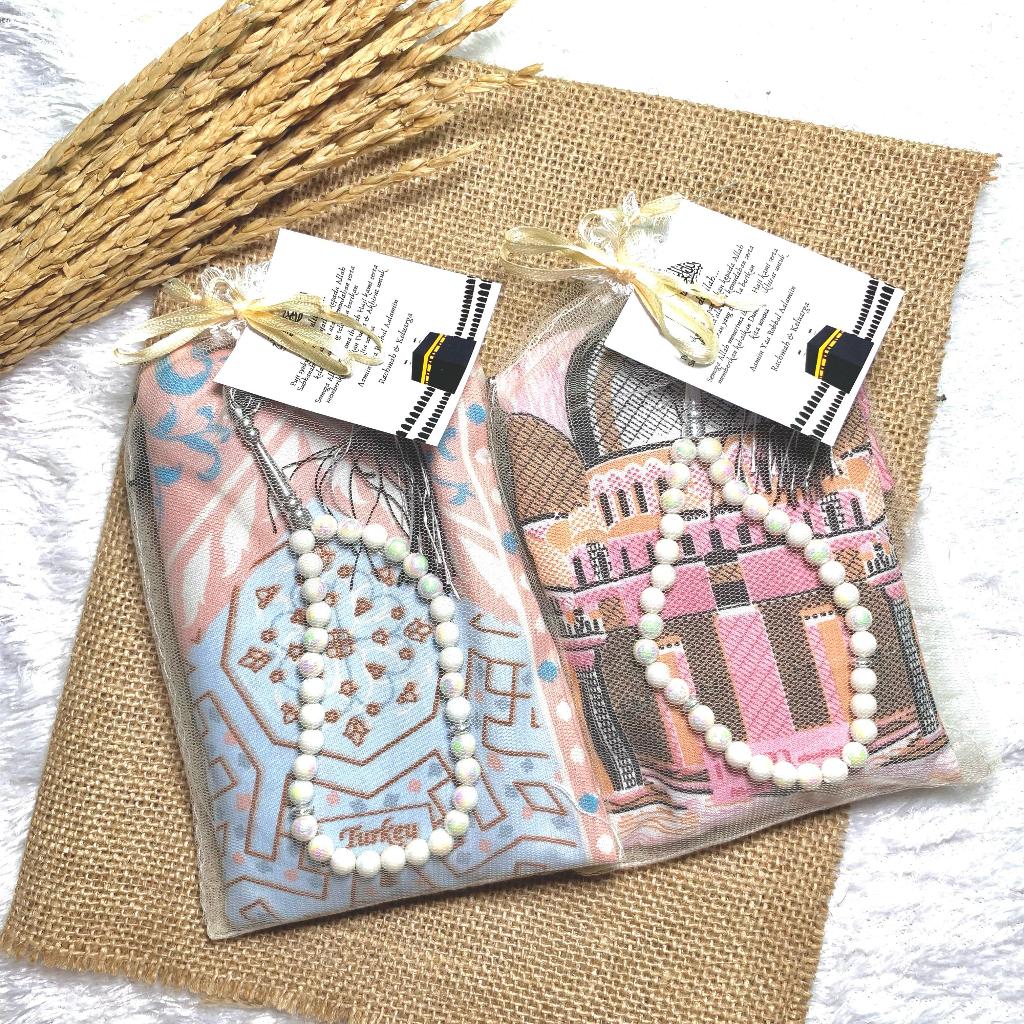 Souvenir Sajadah Travel Dewasa Pouch+Tasbih | Souvenir Pernikahan, Aqiqah, Pengajian, Haji Umroh
