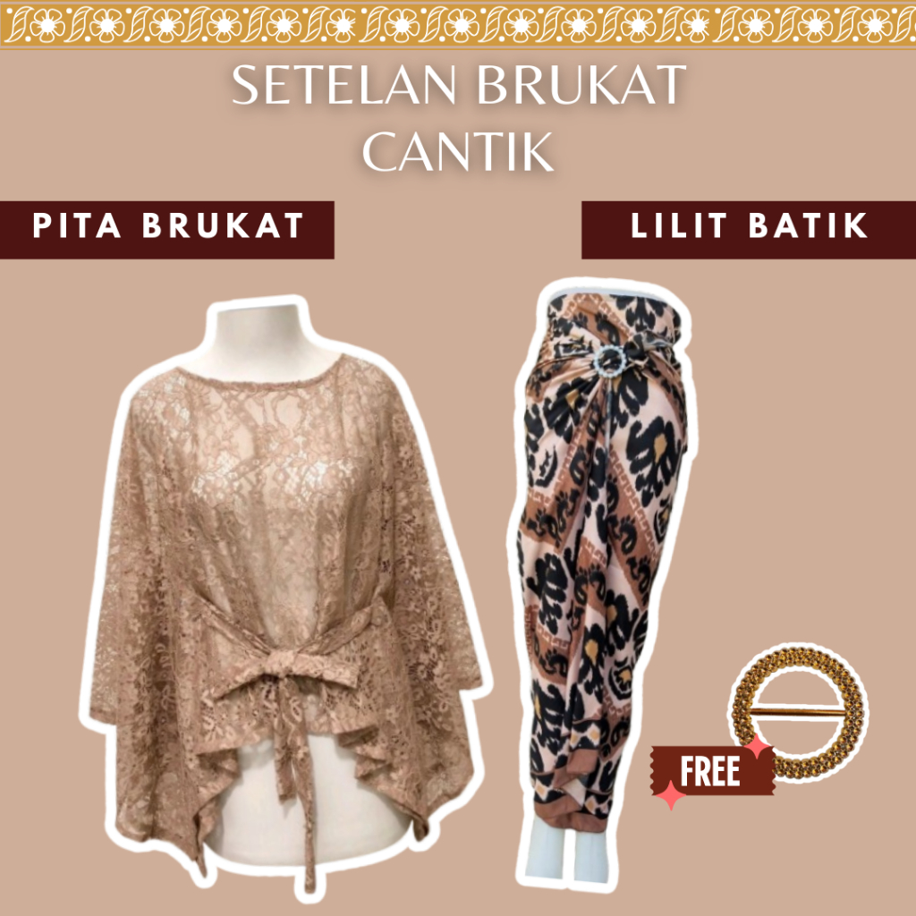 Outfit Atasan Fashion Satu Set Pita Brukat Mix Lilit Batik Free Ring Outer brokat cape Brokat Crop K