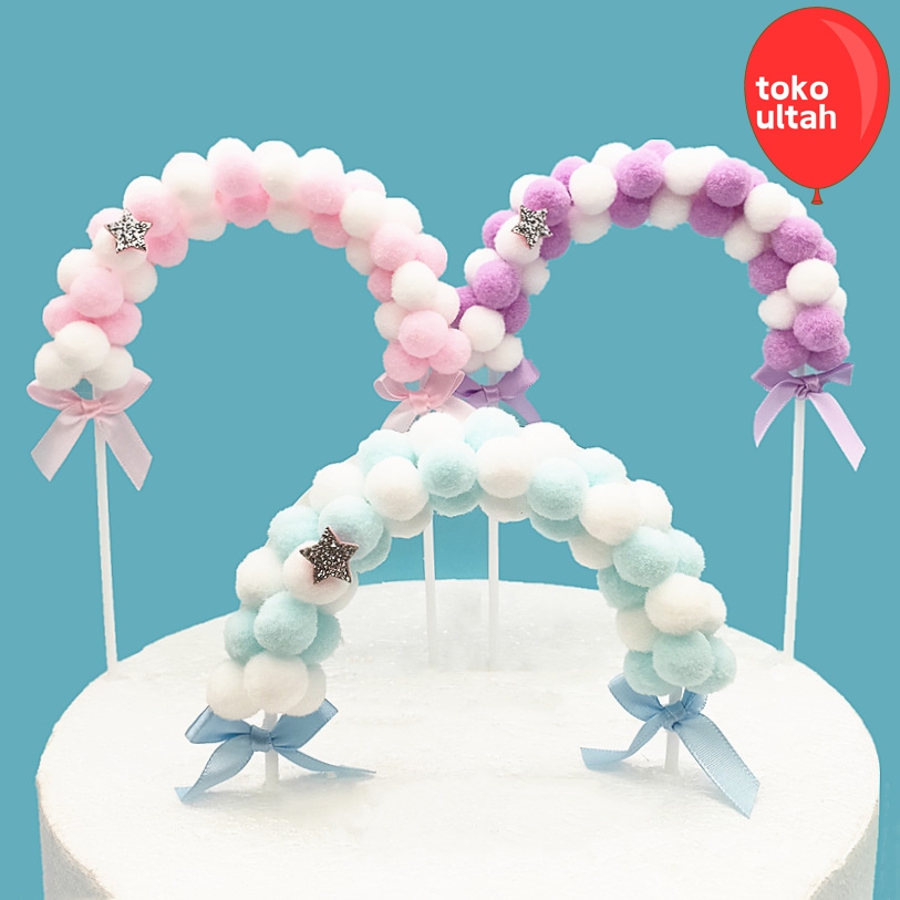 Topper Cake Bola Pompom / Pom Melengkung untuk Hiasan Kue Ulangtahun Anak Warna Pink, Biru, dan Ungu