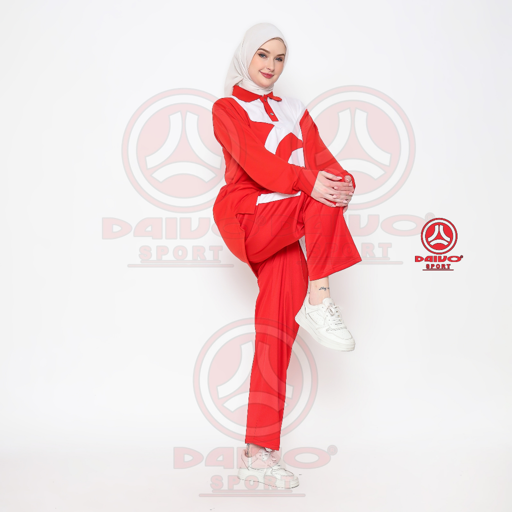 HOT SALE Setelan Baju Senam Merah Putih / Setelan Baju Olahraga Pria Dan Wanita Daivo