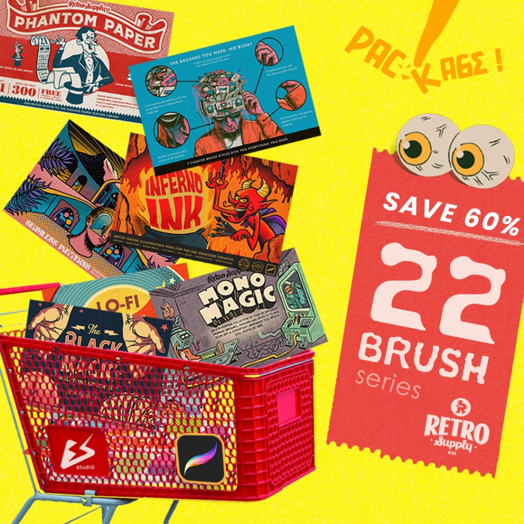 Bundle Brush Procrate 22 Series by RETRO SUPPLY CO - Inking, Halftone, Watercolor, Liner, Risograph,