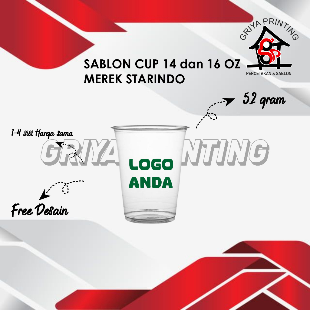 Sablon Custom Cup Plastik starindo datar Tebal 5,2 gram Ukuran 14 dan 16 OZ, Sablon Custom Gelas Pla
