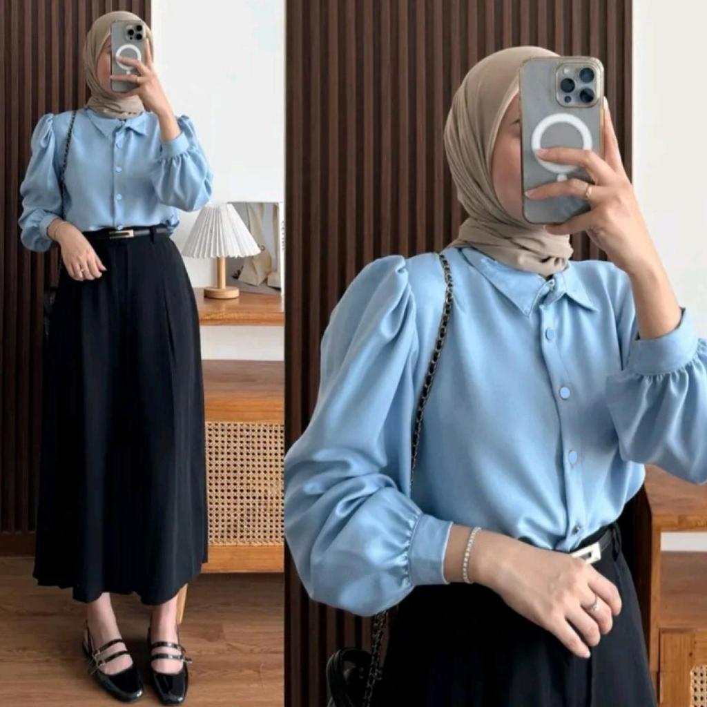 Elza Blouse Kemeja Wanita Polos Lengan Balon Korean Style Shakila Twill Nyaman By Azka Collection