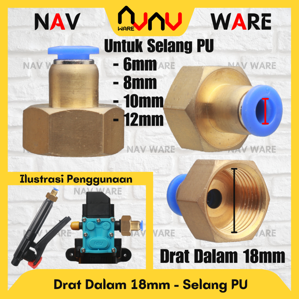 Konektor Fitting Slip Lock Pneumatic Pompa DC 12V Drat Dalam 18mm ke Selang PU 6mm 8mm 10mm 12mm