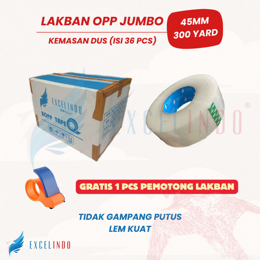 

(1 DUS/ISI 36 PCS) Excelindo Lakban Jumbo BENING COKLAT 45mm x 300 yard REAL GRATIS 1 PCS PEMOTONG LAKBAN PREMIUM QUALITY