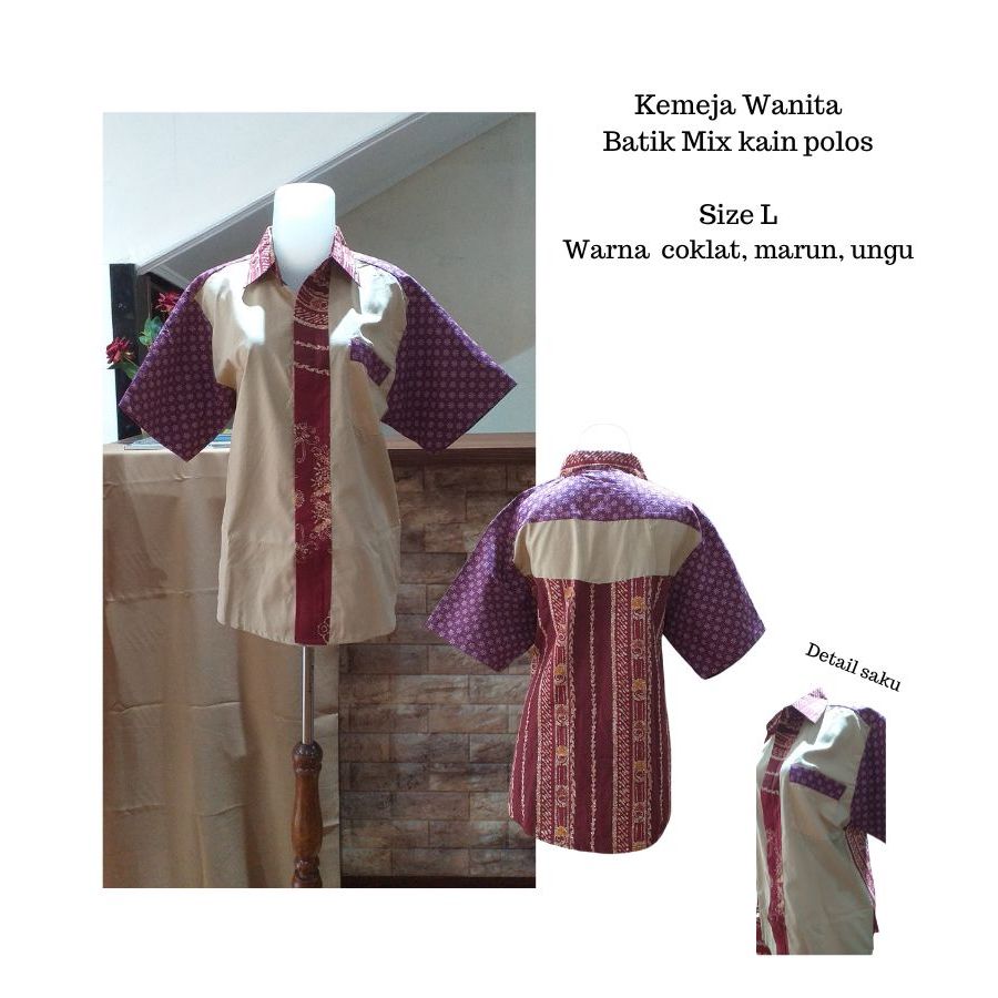 Hem unisex pria dan wanita  lengan pendek warna coklat susu mix batik marun ungu