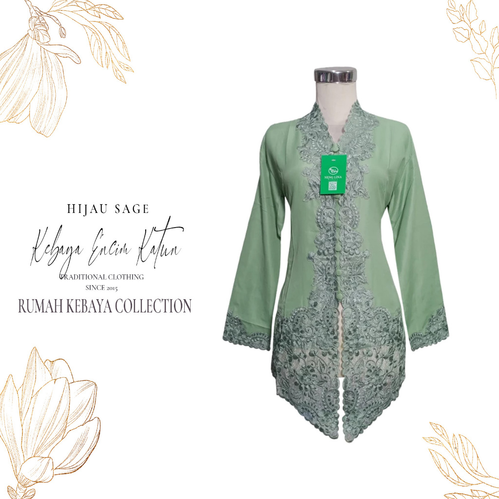 Kebaya Encim Kartini Katun Bordir Modern Hijau Sage Senada Lengan Panjang Bigsize Jumbo